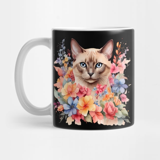 A tonkinese cat decorated with beautiful watercolor flowers by CreativeSparkzz